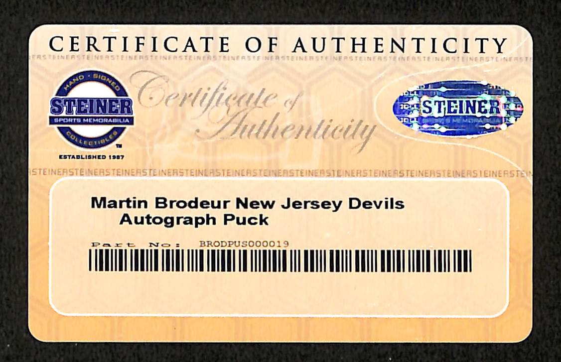 Martin Brodeur HOF Signed/Auto New Jersey Devils Logo Hockey Puck Steiner 201860