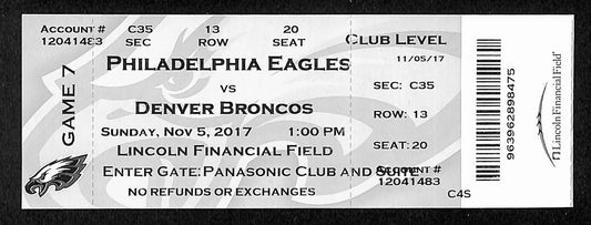 November 5, 2017 Full Ticket Philadelphia Eagles vs. Denver Broncos 201862