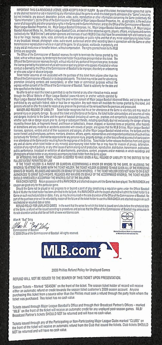 2008 WS Game 5 Full Ticket Philadelphia Phillies  vs. Tampa Bay Rays 201863