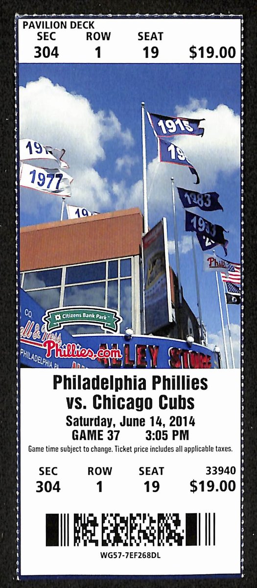 June 14, 2014 Full Ticket Phillies vs. Chicago Cubs Rollins All Time Hits 201864