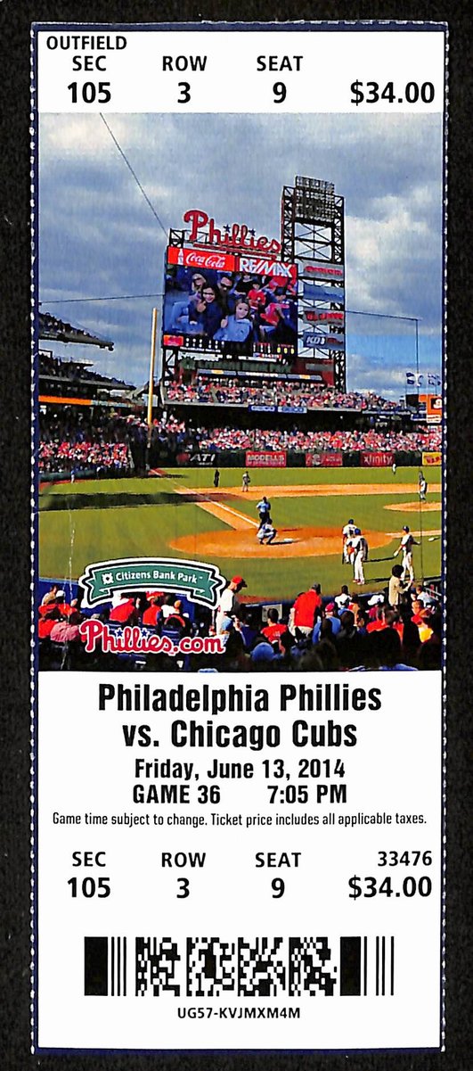 June 13, 2014 Full Ticket Phillies vs. Chicago Cubs Rollins Ties Schmidt 201865