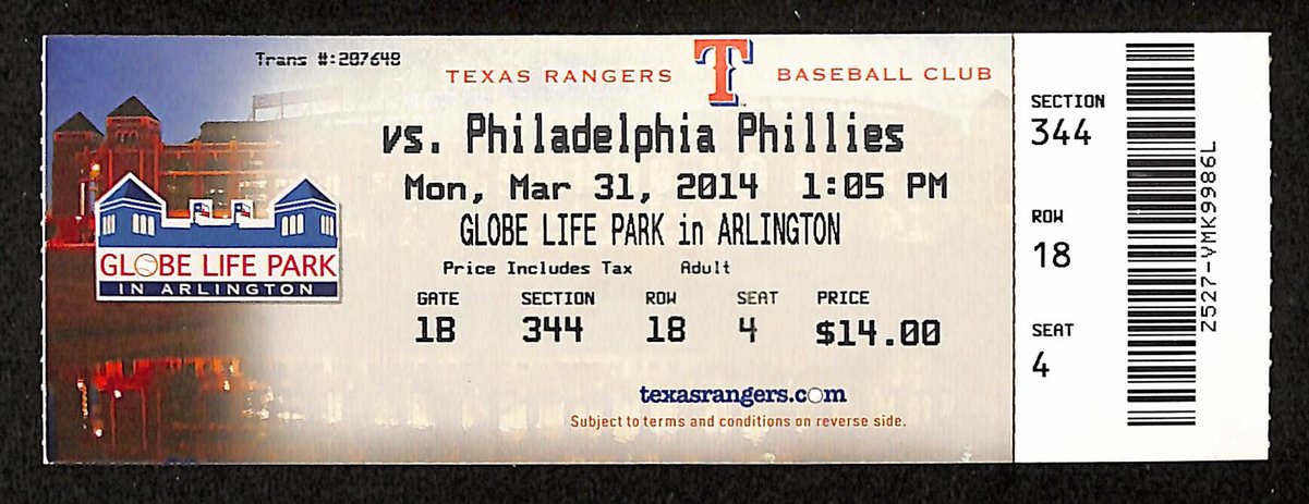 March 31, 2014 Full Ticket Phillies vs. Texas Rangers Season Opener 201866