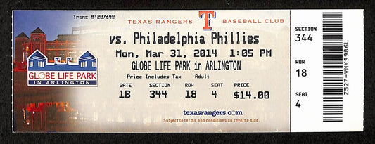 March 31, 2014 Full Ticket Phillies vs. Texas Rangers Season Opener 201866