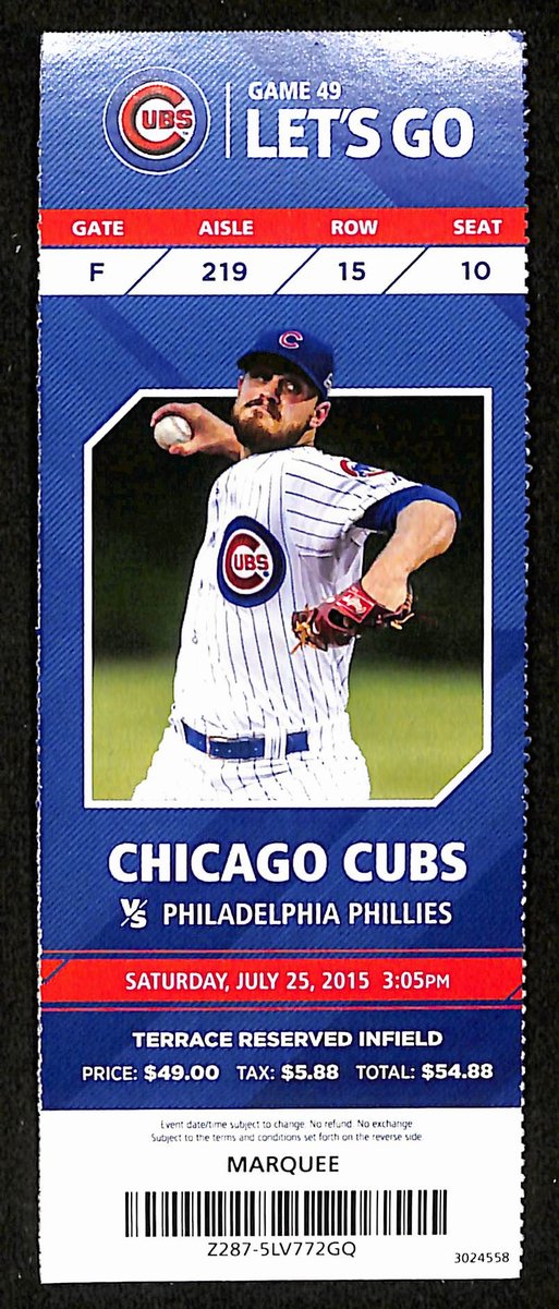 July 25, 2015 Full Ticket Phillies vs. Cubs Cole Hamels Pitches No-Hitter 201867