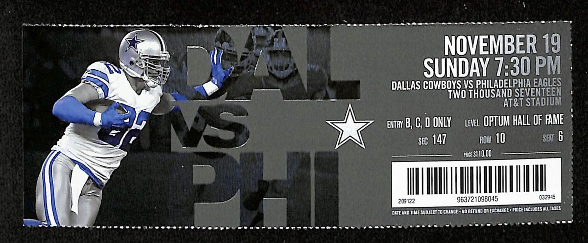 November 19, 2017 Full Ticket Philadelphia Eagles vs. Dallas Cowboys 201868