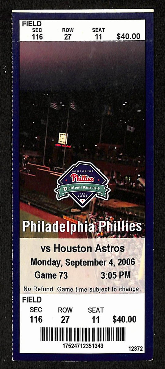 Greg Luzinski Signed/Auto Sept 4, 2006 Full Ticket Phillies vs. Astros 201869