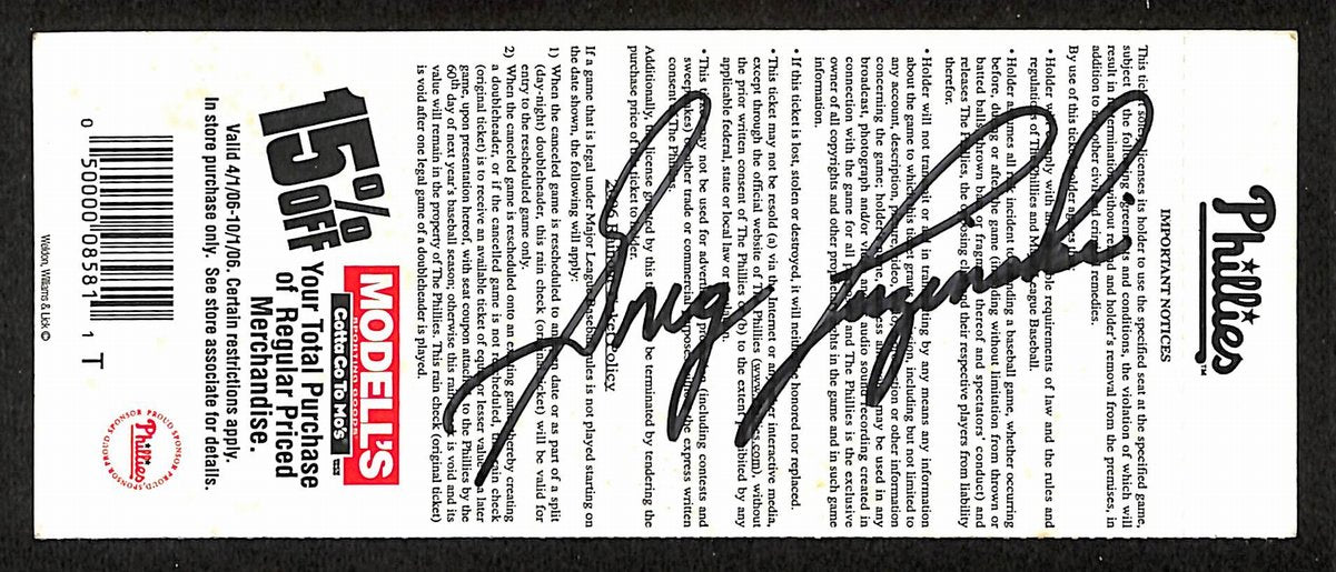 Greg Luzinski Signed/Auto Sept 4, 2006 Full Ticket Phillies vs. Astros 201869