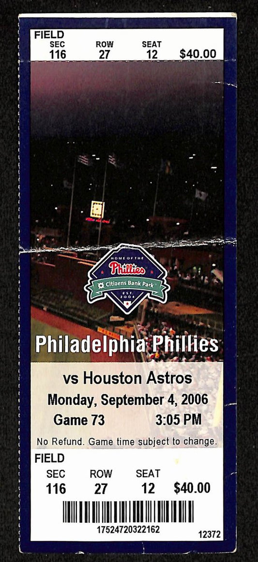Sept 4, 2006 Full Ticket Phillies vs. Astros Hamels Near Perfect Game 201870