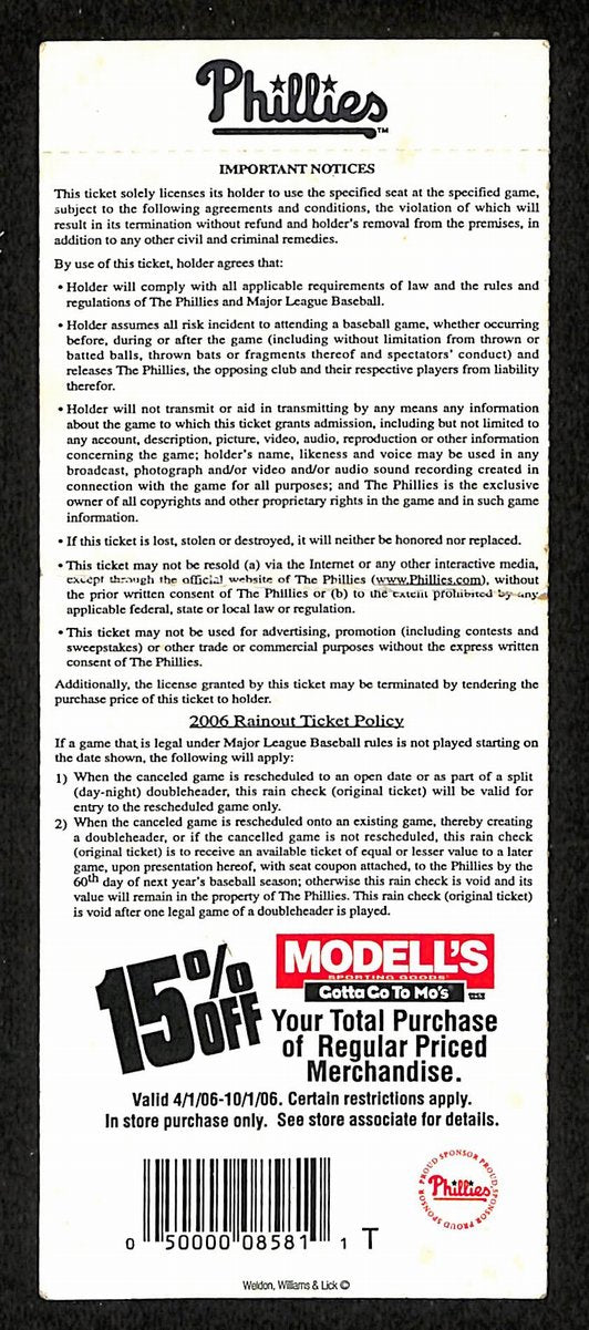 Sept 4, 2006 Full Ticket Phillies vs. Astros Hamels Near Perfect Game 201870