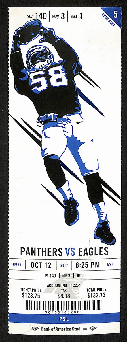 October 12, 2017 Full Ticket Philadelphia Eagles vs. Carolina Panthers 201871