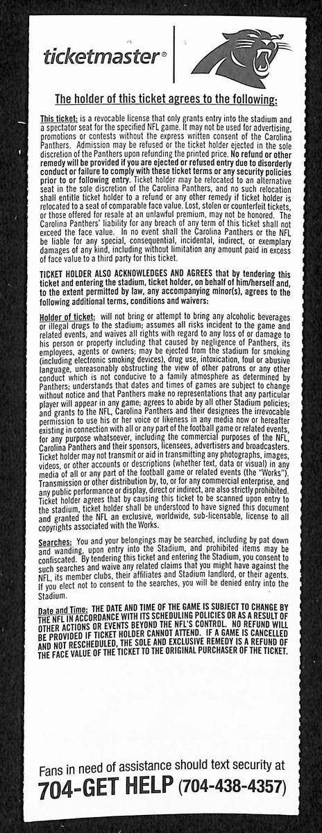 October 12, 2017 Full Ticket Philadelphia Eagles vs. Carolina Panthers 201871