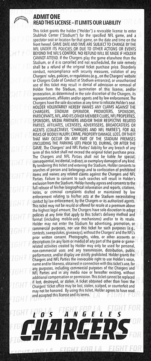 October 1, 2017 Full Ticket San Diego Chargers vs. Philadelphia Eagles 201872