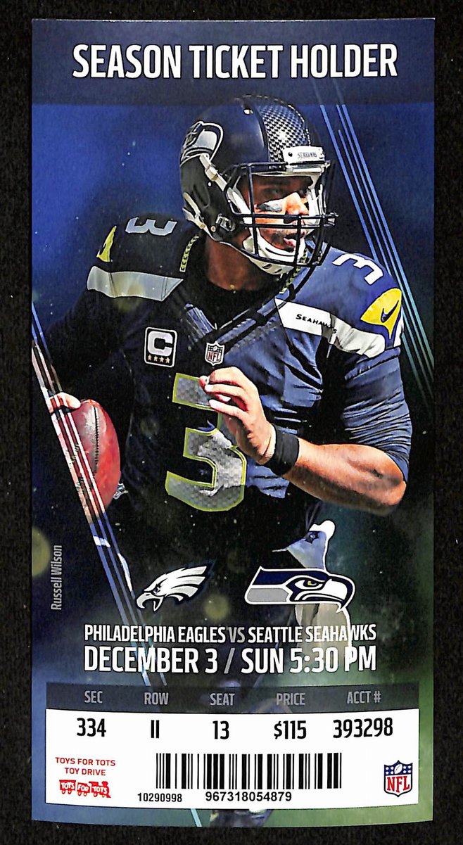 December 3, 2017 Full Ticket Philadelphia Eagles vs. Seattle Seahawks 201874