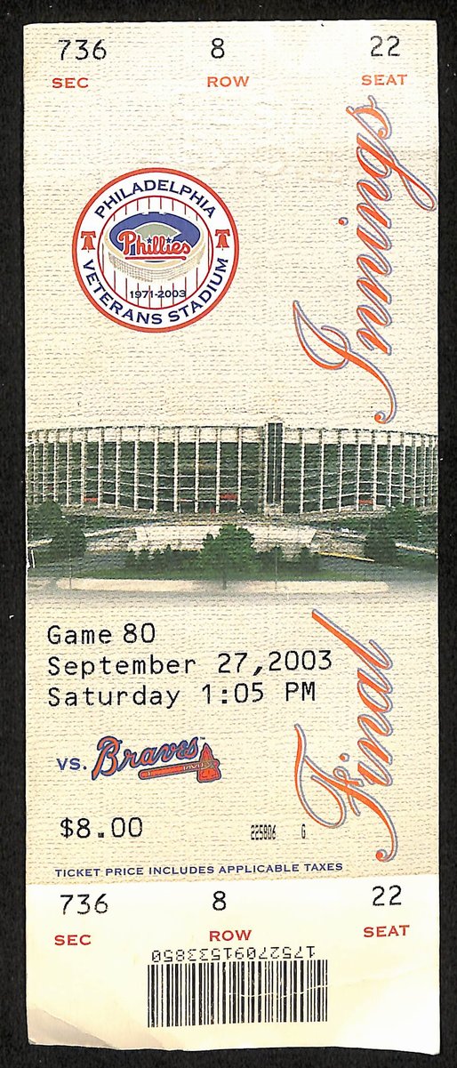Sept 27, 2003 Full Ticket Philadelphia Phillies vs. Atlanta Braves 201878