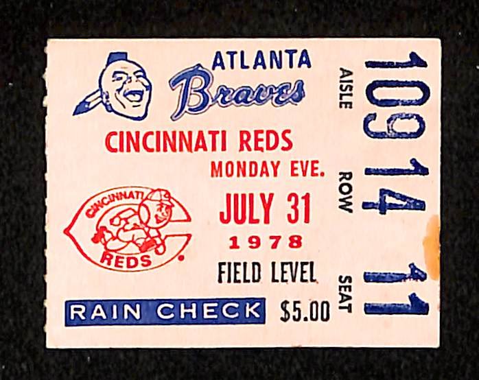 July 31, 1978 Ticket Stub Atlanta Braves vs. Reds Pete Rose Hit Streak 201880