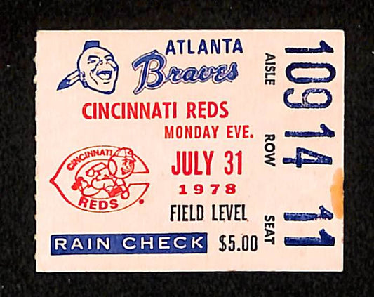 July 31, 1978 Ticket Stub Atlanta Braves vs. Reds Pete Rose Hit Streak 201880