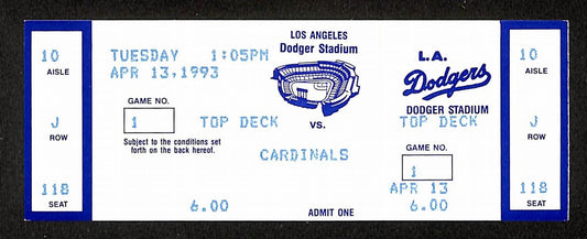 April 13, 1993 Full Ticket Dodgers vs. Cardinals Lee Smith Breaks All-time Saves