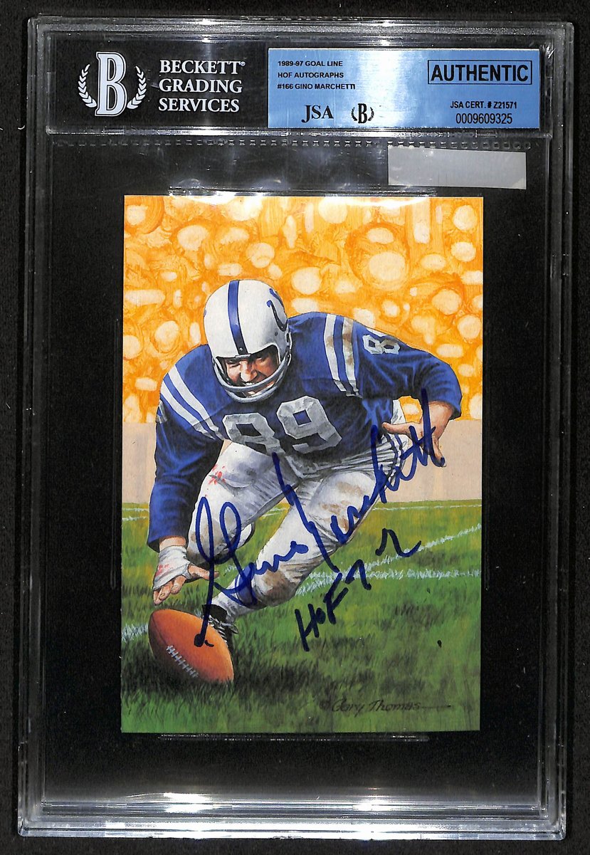 Gino Marchetti HOF Signed/Inscribed Goal Line Art GLAC Postcard Colts BAS 201850