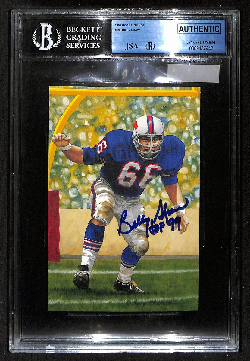 Billy Shaw HOF Signed/Inscr Goal Line Art GLAC Postcard Buffalo Bills BAS 201852