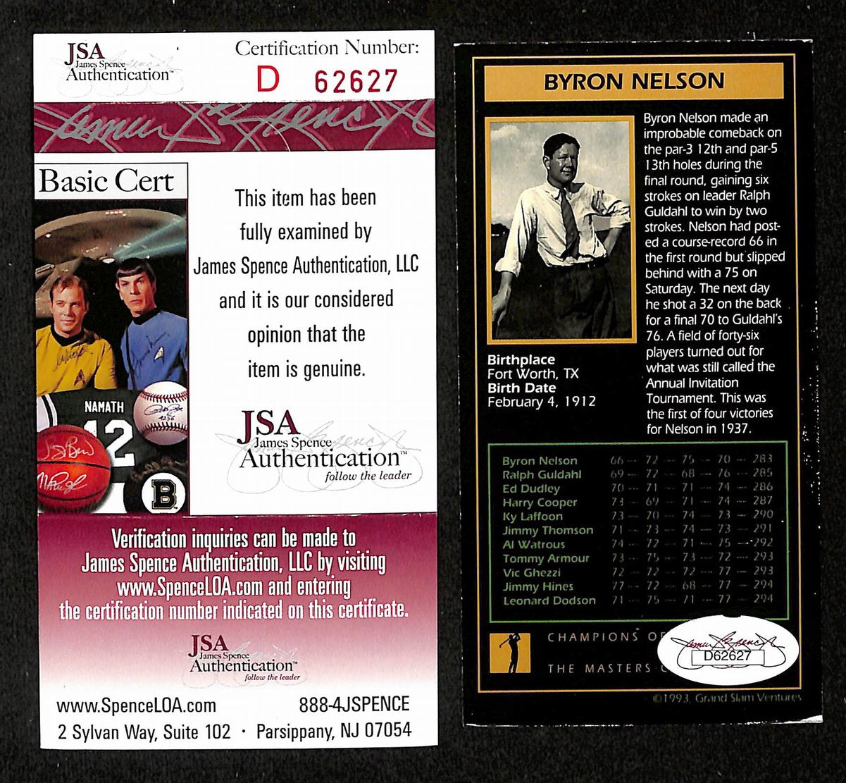 Byron Nelson Signed/Auto 1993 Masters Grand Slam Ventures Ticket JSA 201888