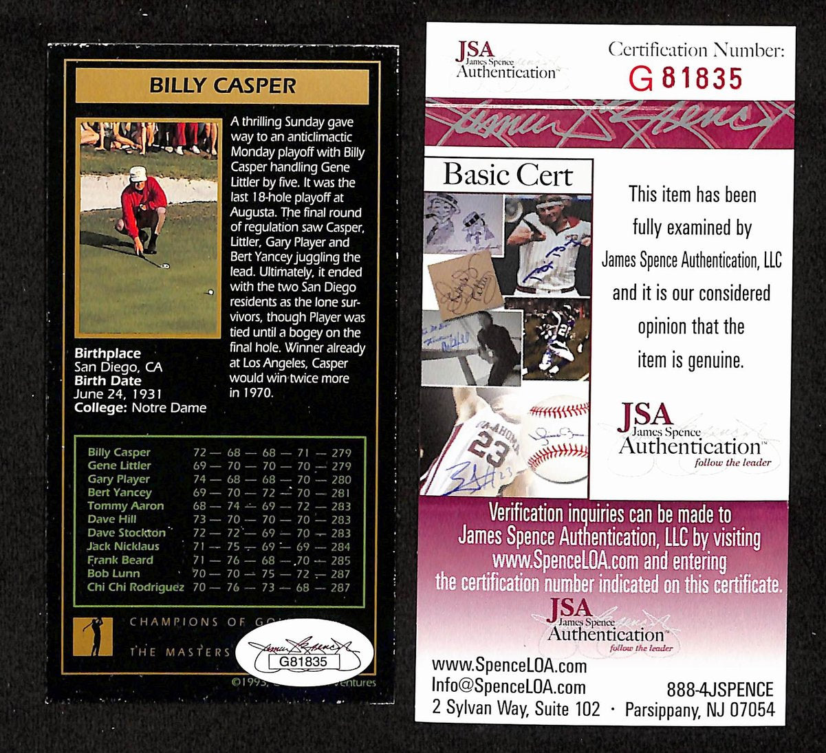Billy Casper Signed/Auto 1993 Masters Grand Slam Ventures Ticket JSA 201889