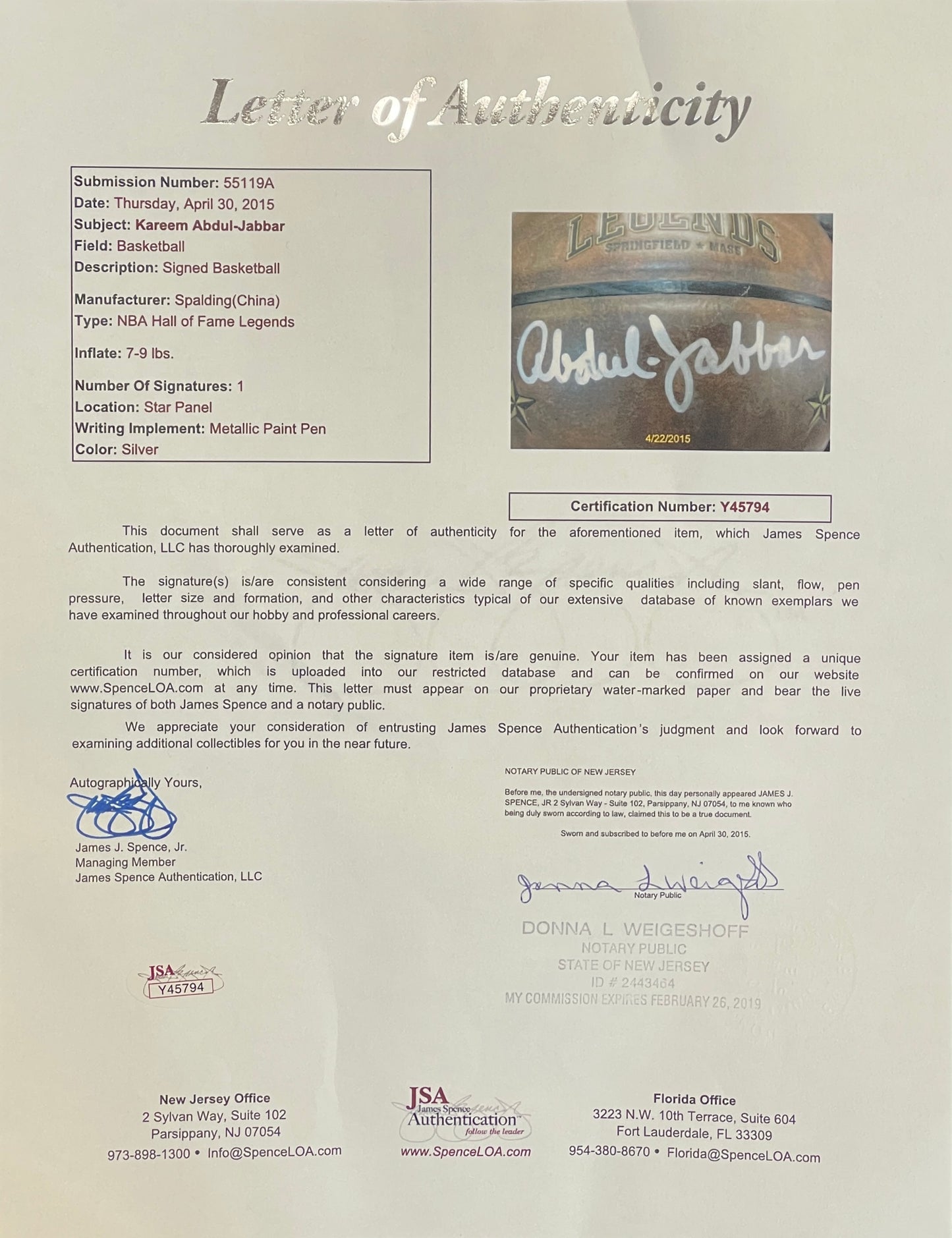 Kareem Abdul-Jabbar HOF Signed Hand Painted Legends Basketball Lakers JSA 201278