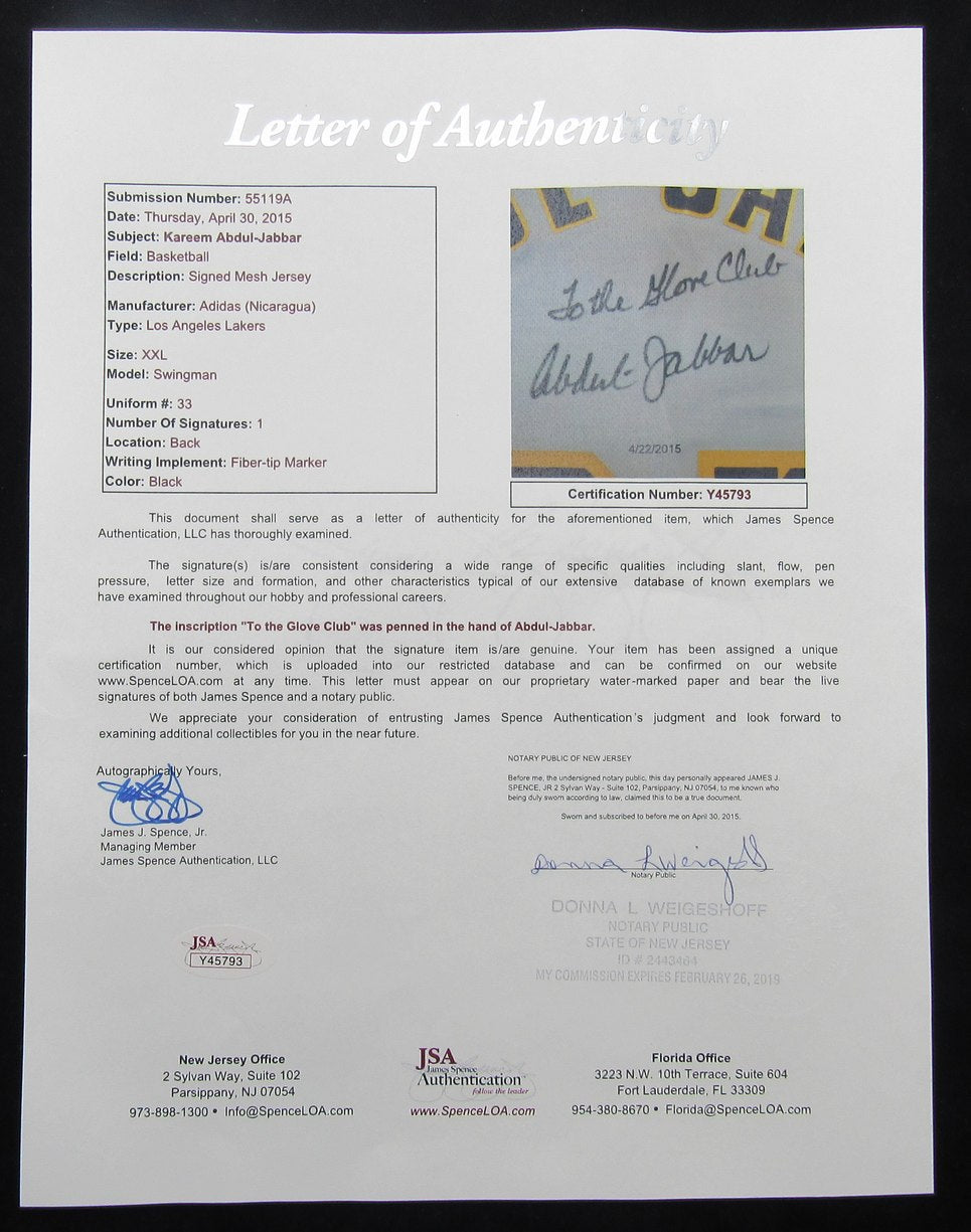 Kareem Abdul-Jabbar Signed/Auto Adidas Basketball Jersey Lakers JSA LOA 200970