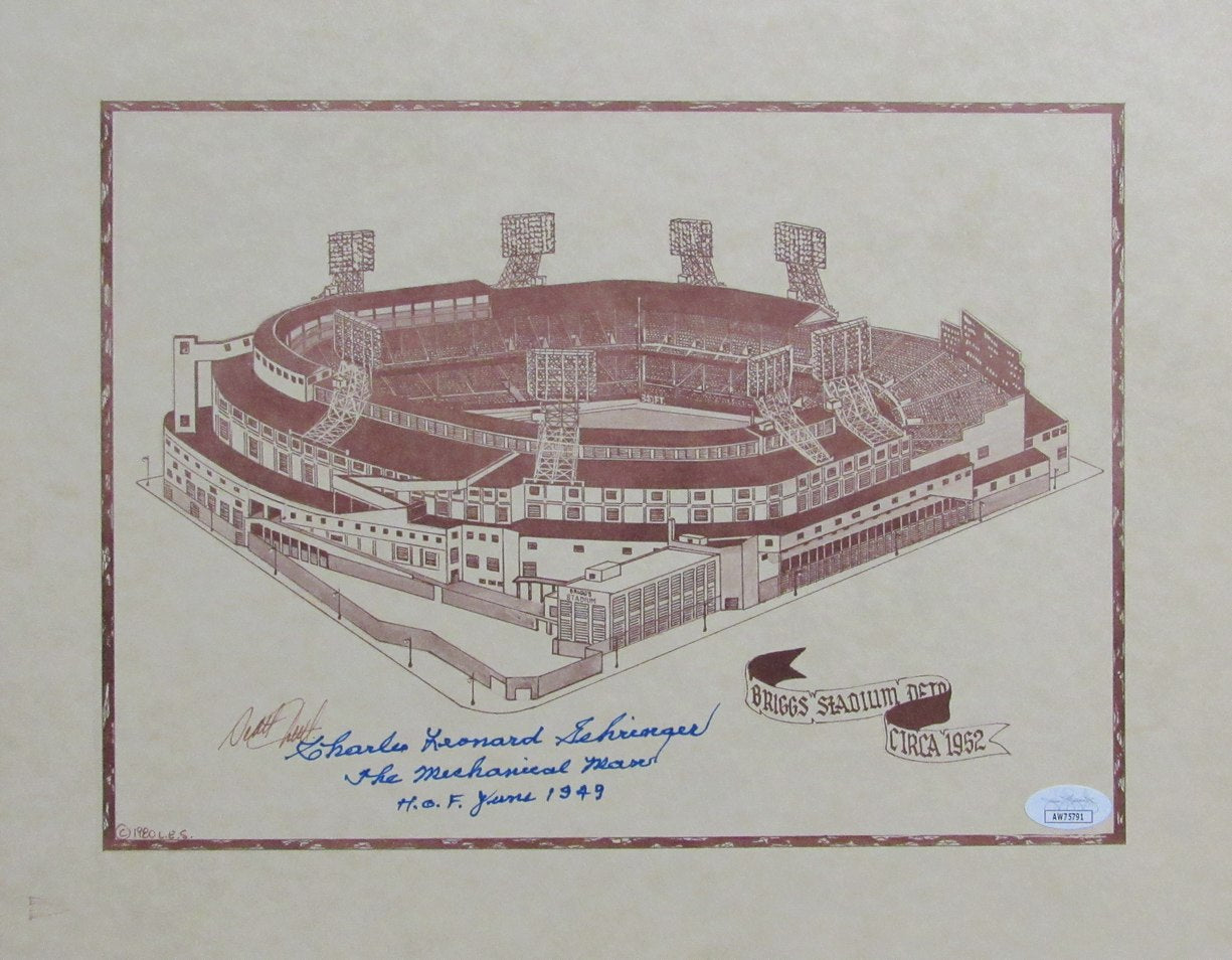 Charlie Gehringer HOF Signed/Inscr 11x14 Briggs Stadium Drawing Tigers 191900