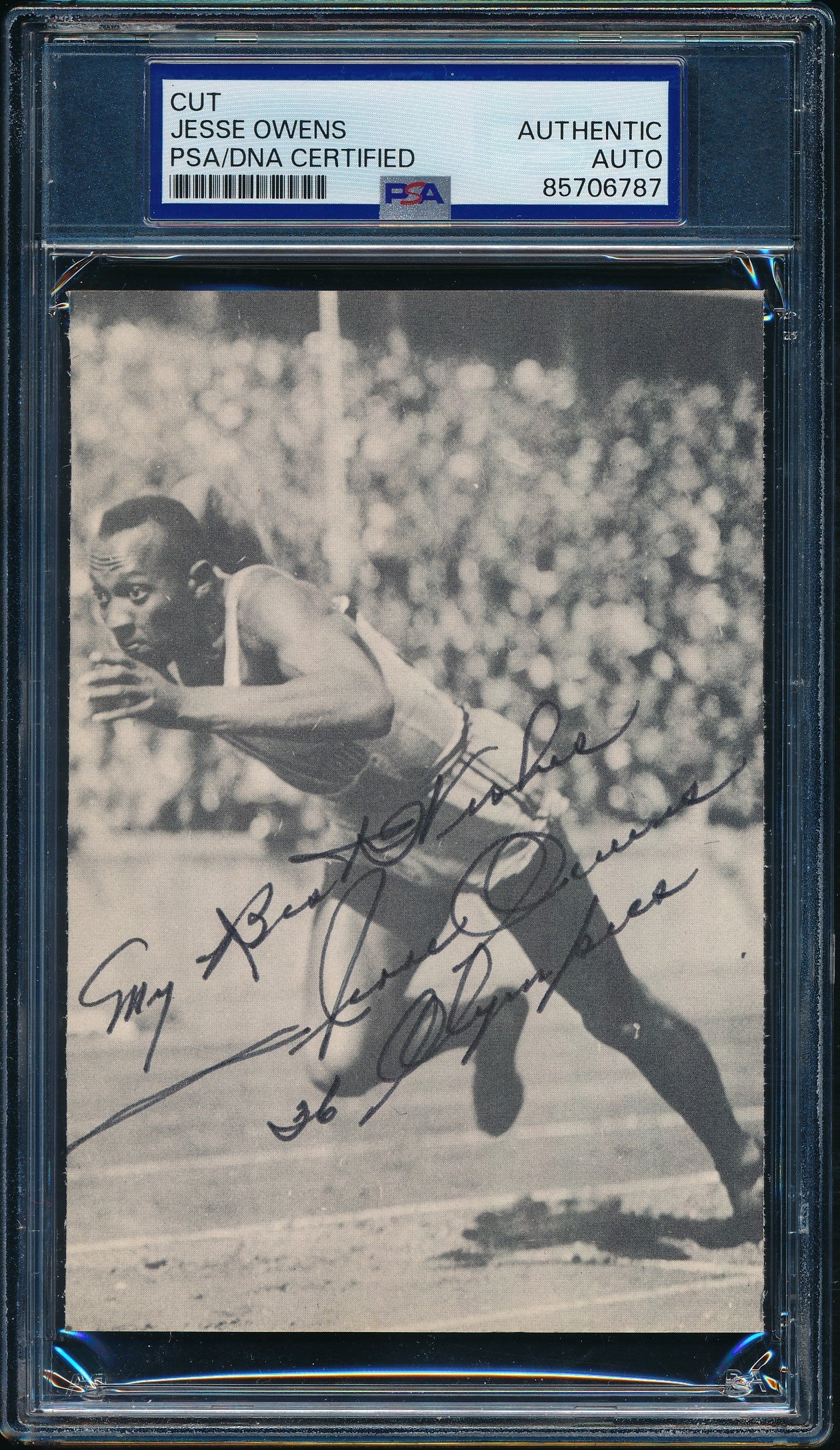 Jesse Owens Olympic Runner Signed/Inscribed 3.5x5.5 Cut Photo PSA/DNA 203481