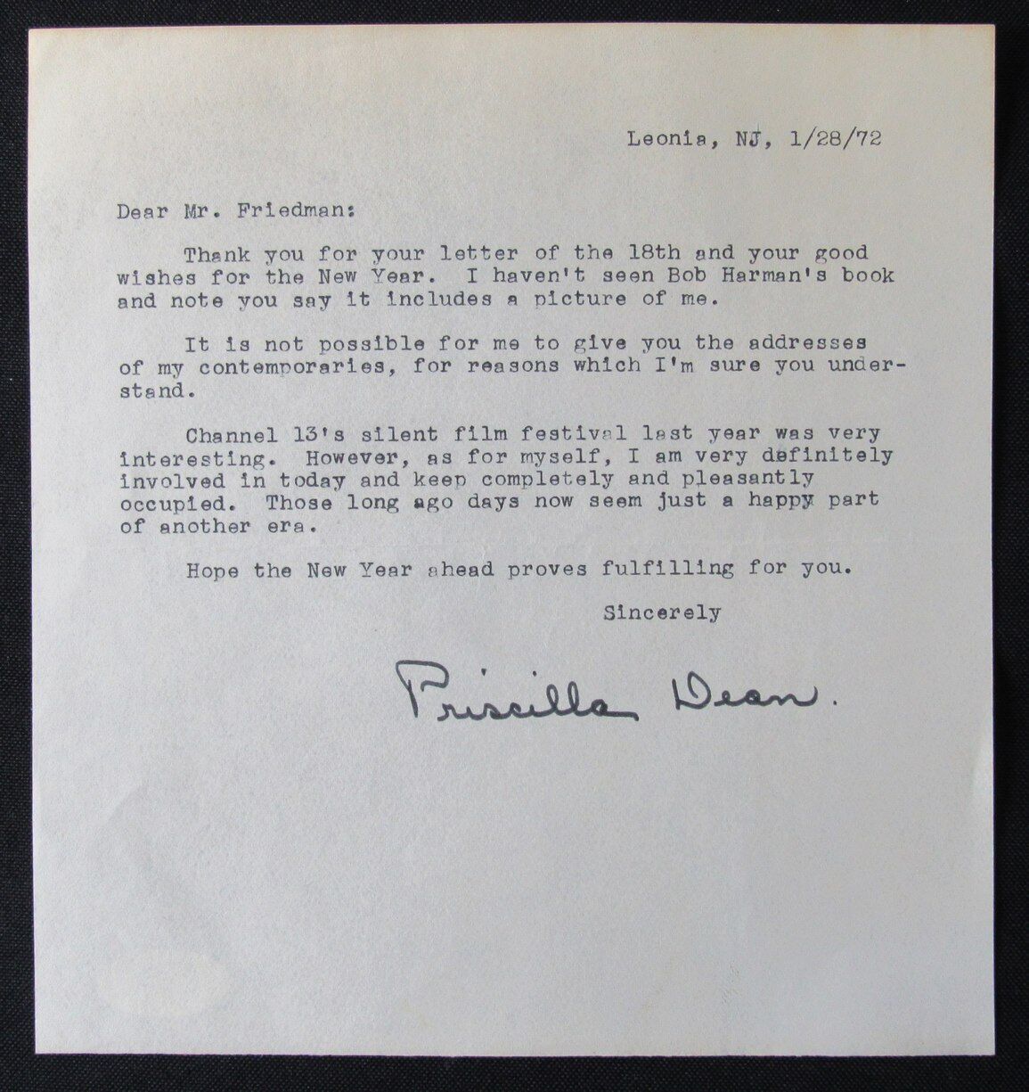 Priscilla Dean Actress Autographed 1972 TLS Typed Letter Signed PSA/DNA 177036