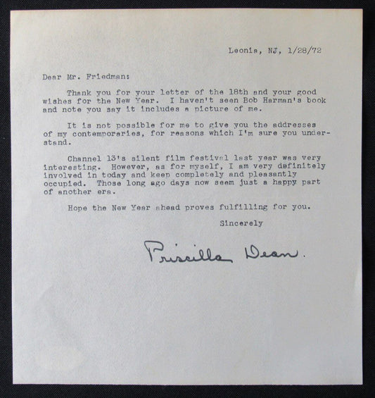 Priscilla Dean Actress Autographed 1972 TLS Typed Letter Signed PSA/DNA 177036