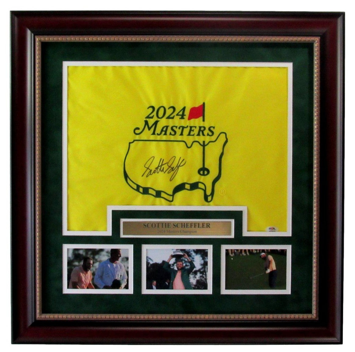 Scottie Scheffler Signed 2024 Masters Pin Flag w/ Photo Collage Framed PSA/DNA.