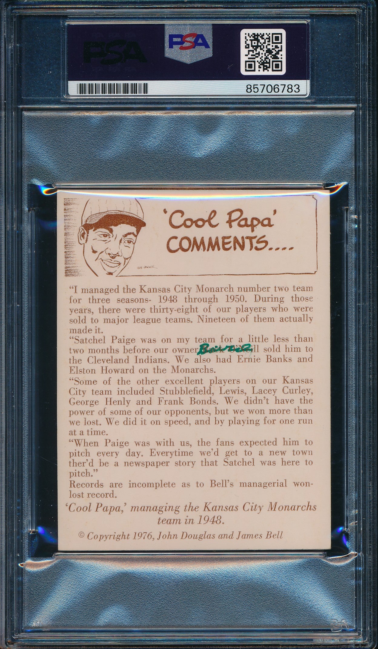 1976 Douglas/Bell Monarch's Manager, 1948 Card Cool Papa Bell Signed PSA/DNA