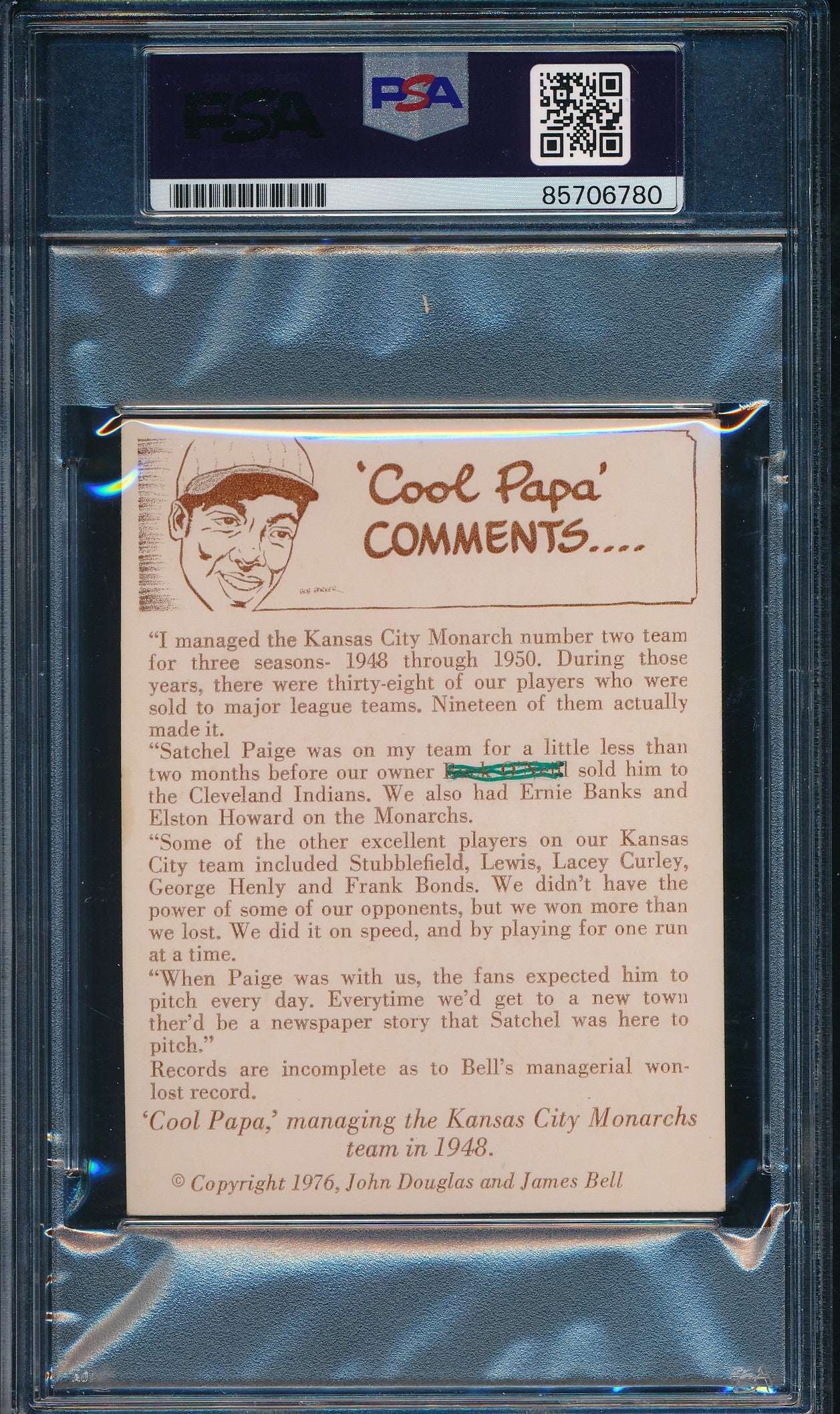 1976 Douglas/Bell Monarch's Manager, 1948 Card Cool Papa Bell Signed PSA/DNA3