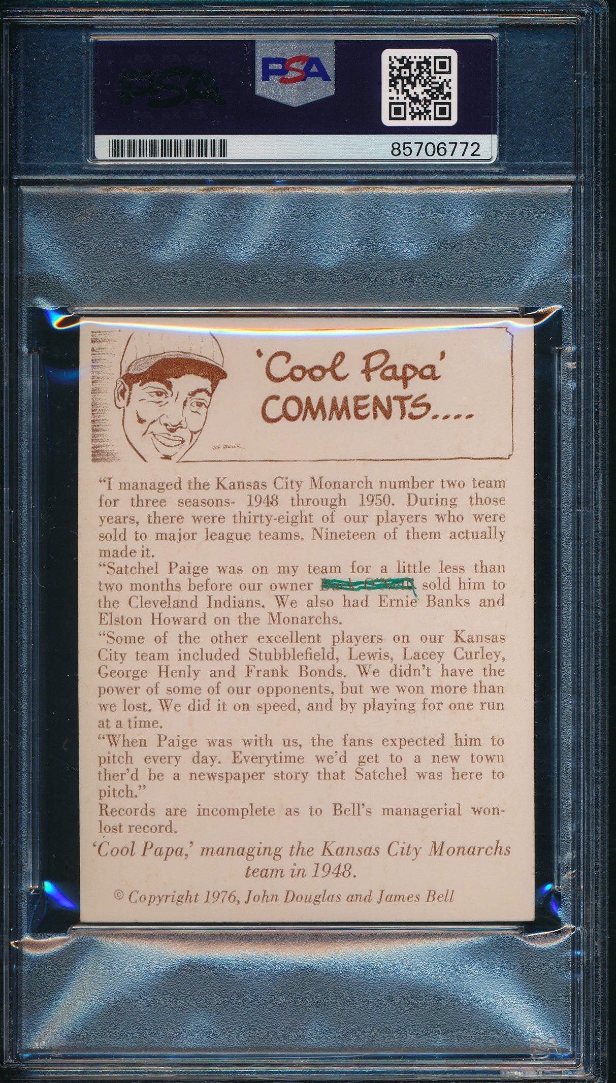 1976 Douglas/Bell Monarch's Manager, 1948 Card Cool Papa Bell Signed PSA/DNA4