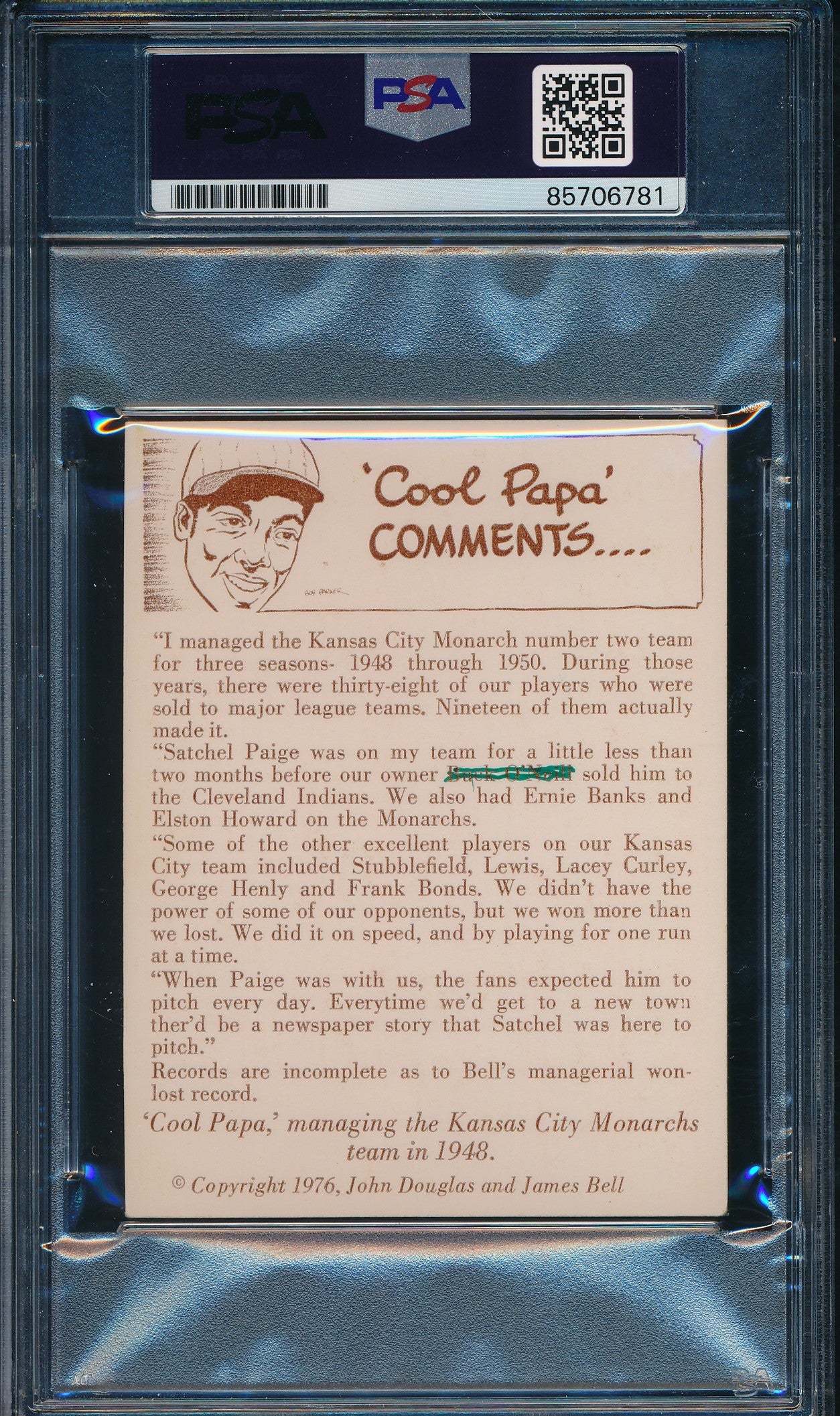 1976 Douglas/Bell Monarch's Manager, 1948 Card Cool Papa Bell Signed PSA/DNA2