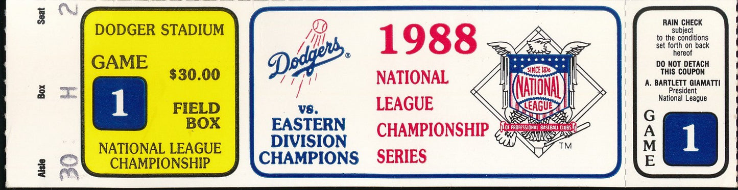 10/04/1988 NLCS Game 1 Ticket Stub Dodgers vs. Mets Orel Hershiser 203282