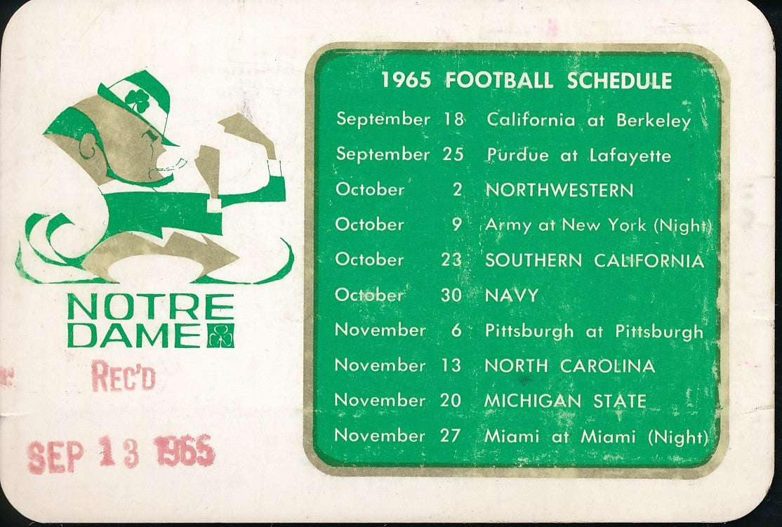1966 Notre Dame Football Pocket Schedule Card 203286