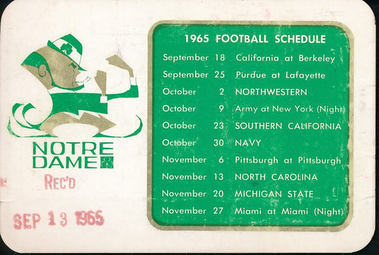 1966 Notre Dame Football Pocket Schedule Card 203286
