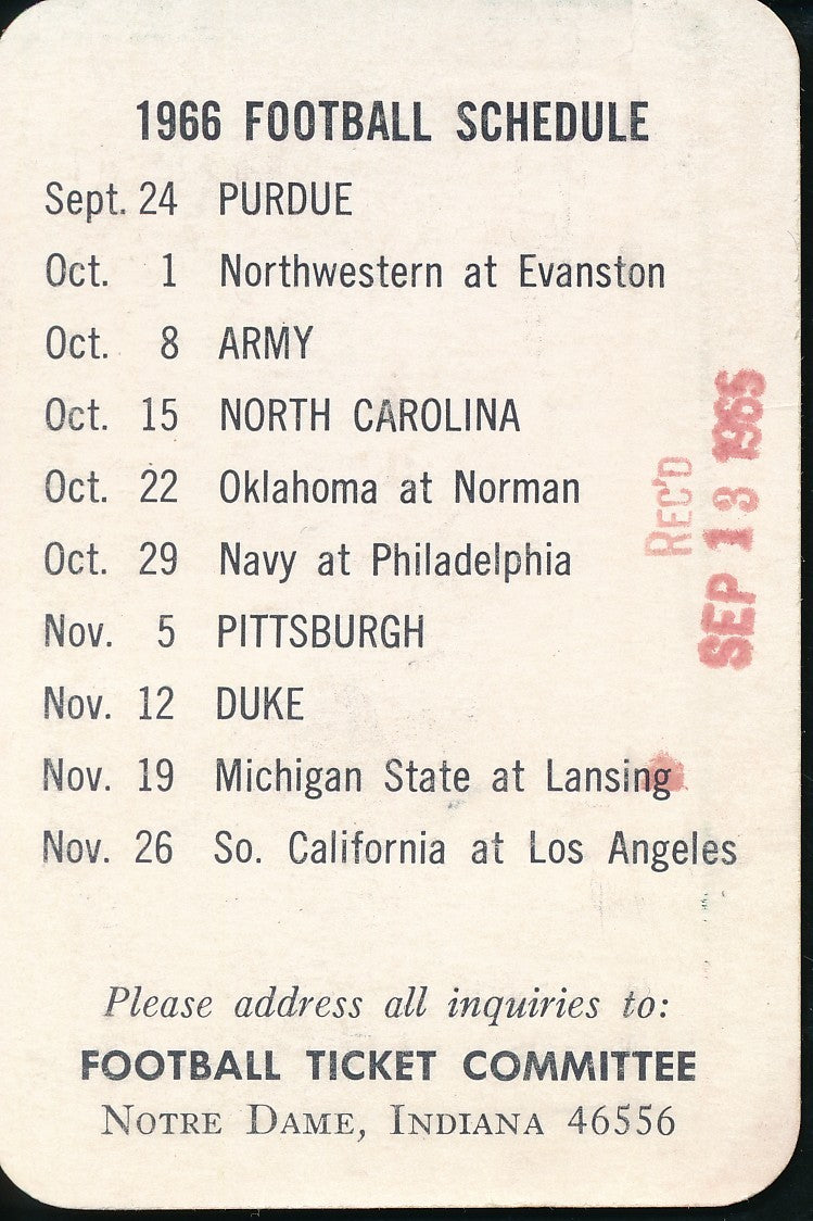 1966 Notre Dame Football Pocket Schedule Card 203286