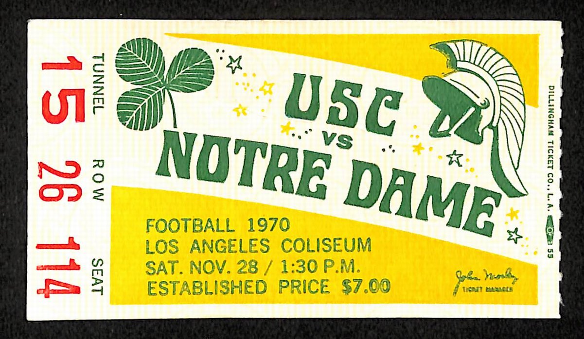11/28/1970 College Football Game Ticket Stub USC vs. Notre Dame Theismann 203814