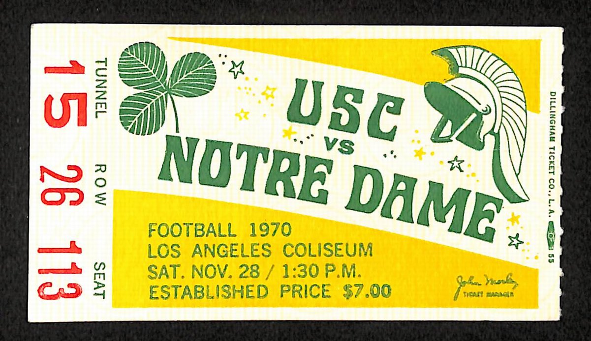 11/28/1970 College Football Game Ticket Stub USC vs. Notre Dame Theismann 203815