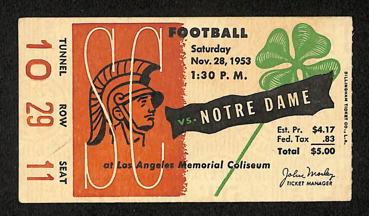 11/28/1953 College Football Game Ticket Stub USC vs. Notre Dame 203817