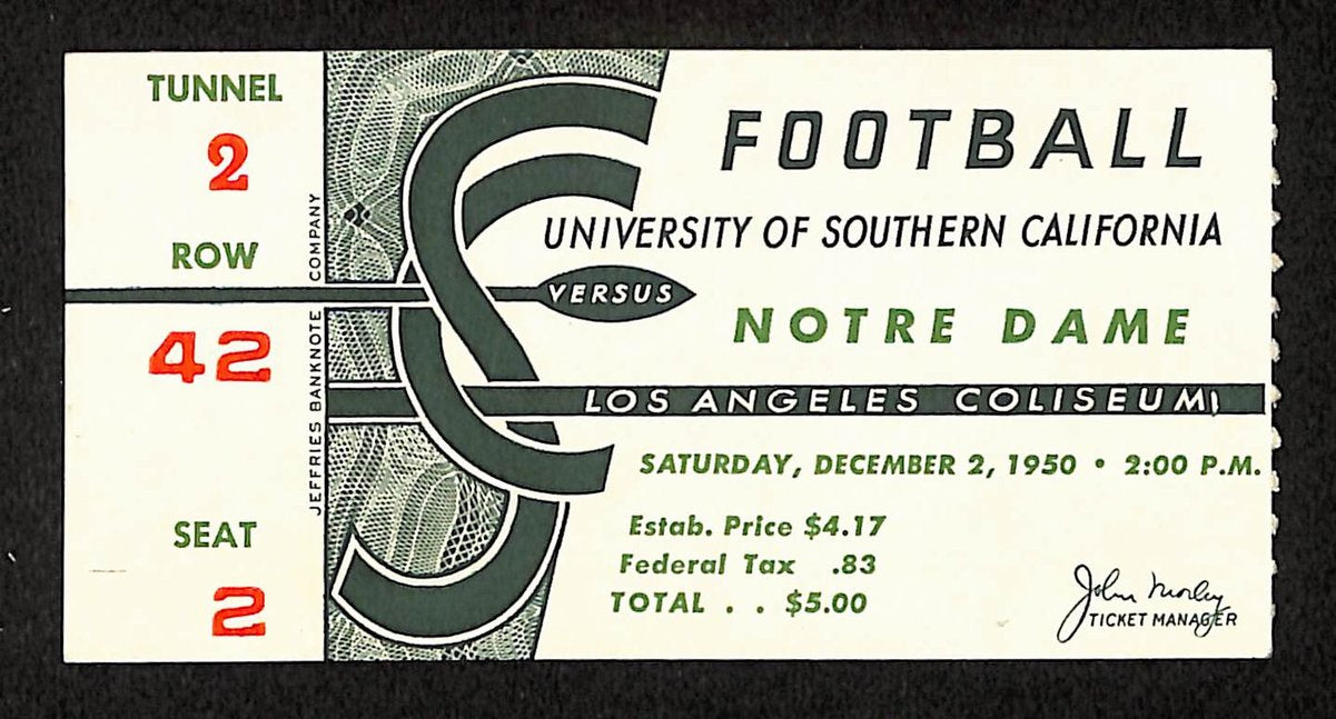 12/02/1950 College Football Game Ticket Stub USC vs. Notre Dame 203818