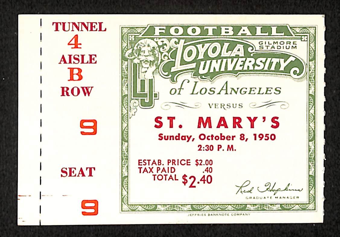 10/08/1950 College Football Game Ticket Stub Loyola of LA vs. St. Mary's 203819