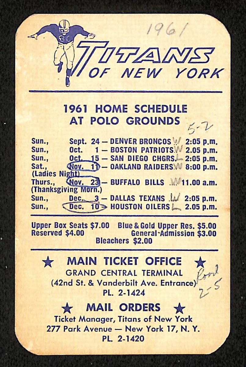 Vintage 1961 Pocket Schedule New York Titans 201696