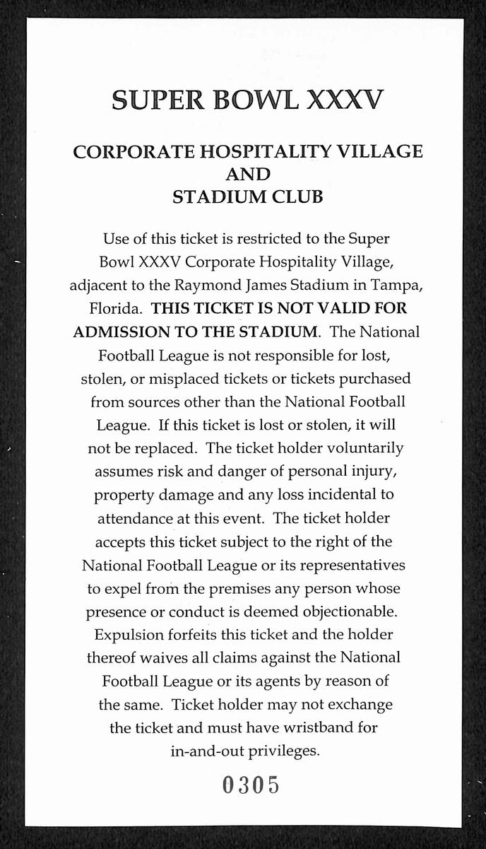 1/28/01 Super Bowl XXXV Ticket, NFL Experience Ticket, Hospitality Village Pass
