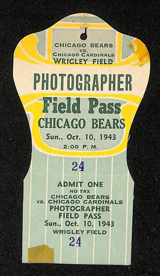 Vintage 10/10/1943 NFL Game Photographer Field Pass Bears vs. Cardinals 201702