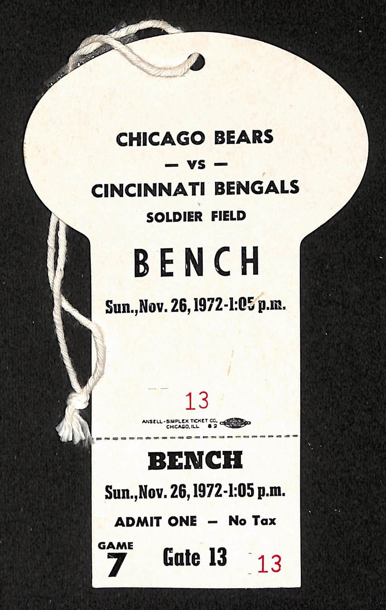 11/26/1972 NFL Game Field/Bench Pass Full Ticket Bears vs. Bengals 201706