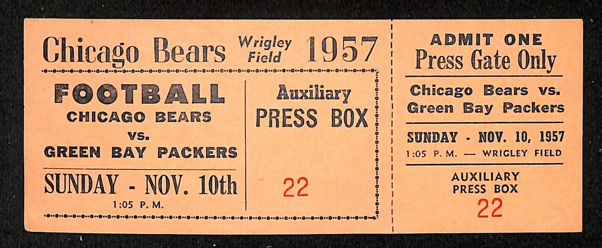 Vintage 11/10/1957 NFL Game Press Pass Full Ticket Bears vs. Packers 201708
